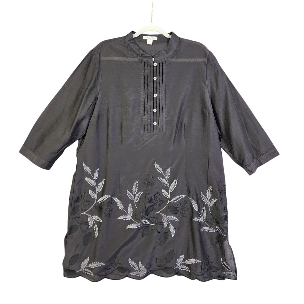 Coldwater Creek Womens Silk Blend Embroidered Tunic Top Size XL Black Scalloped